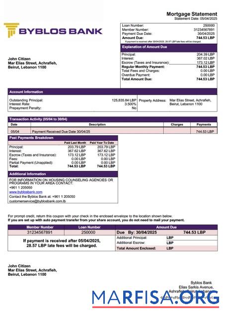 Downloadable Lebanon Byblos Bank mortgage statement Word and PDF template